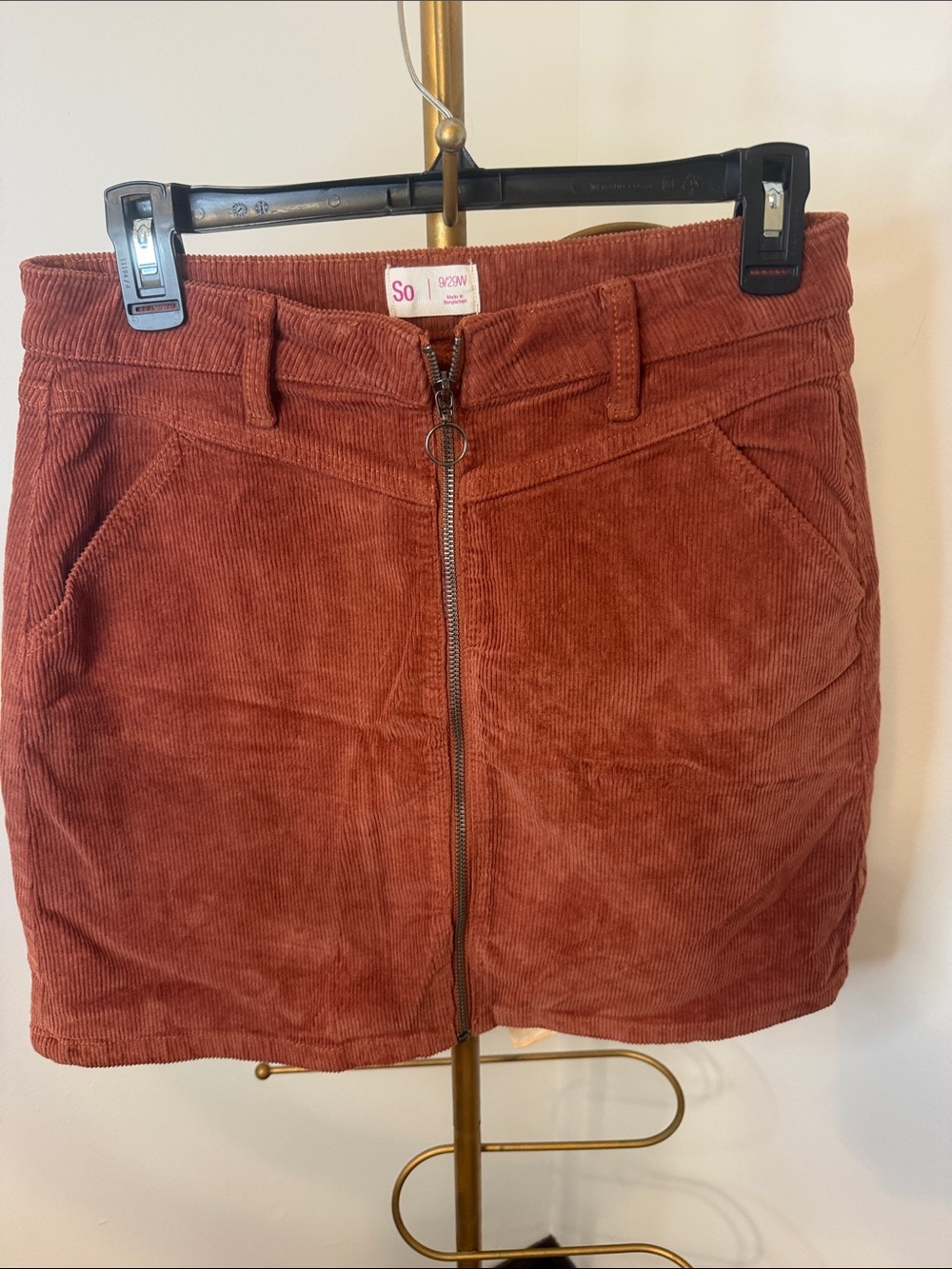 SO Zip-Front Corduroy Mini Skirt in Rust